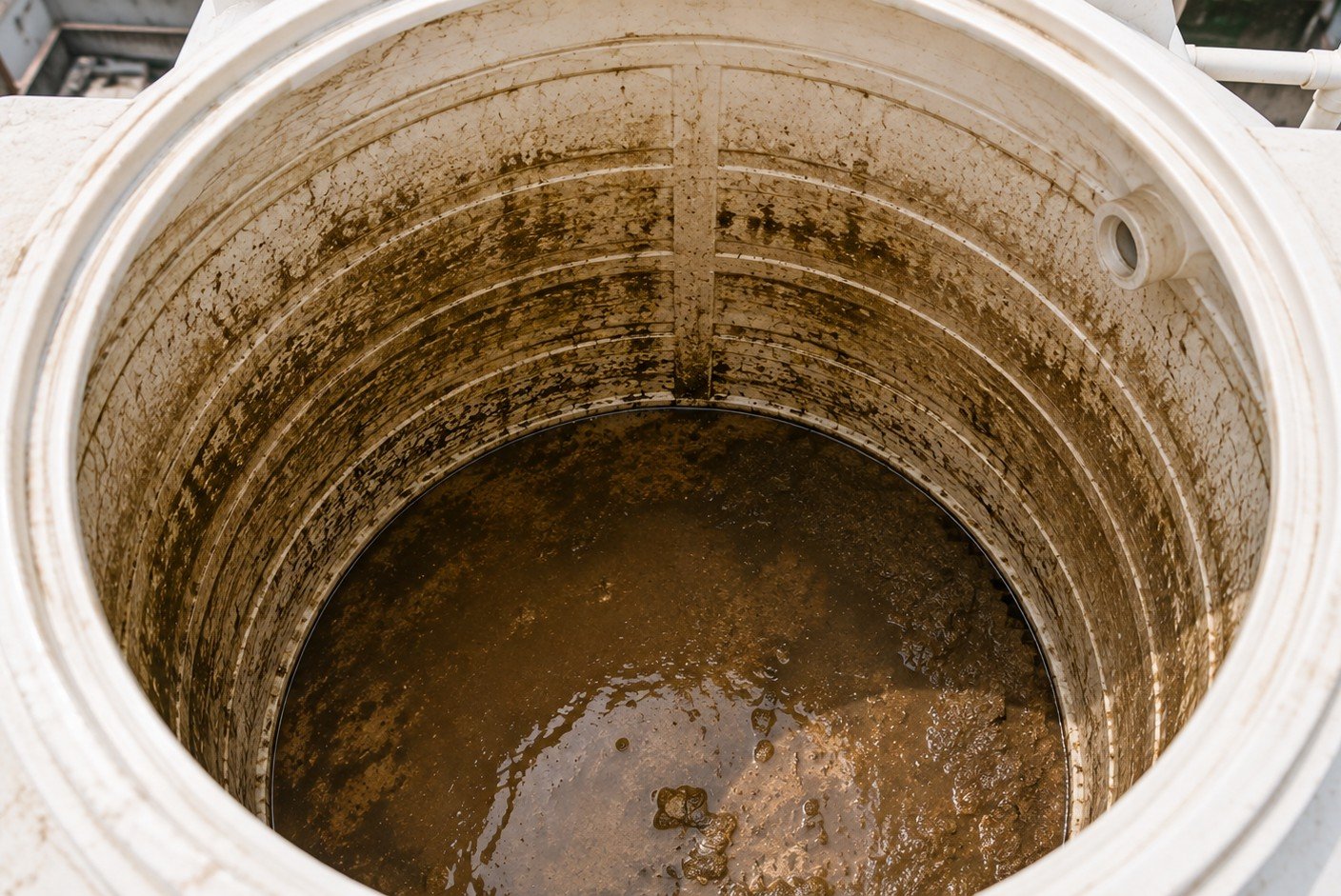 Inside of tank before cleaning, coated in sludge and sediment