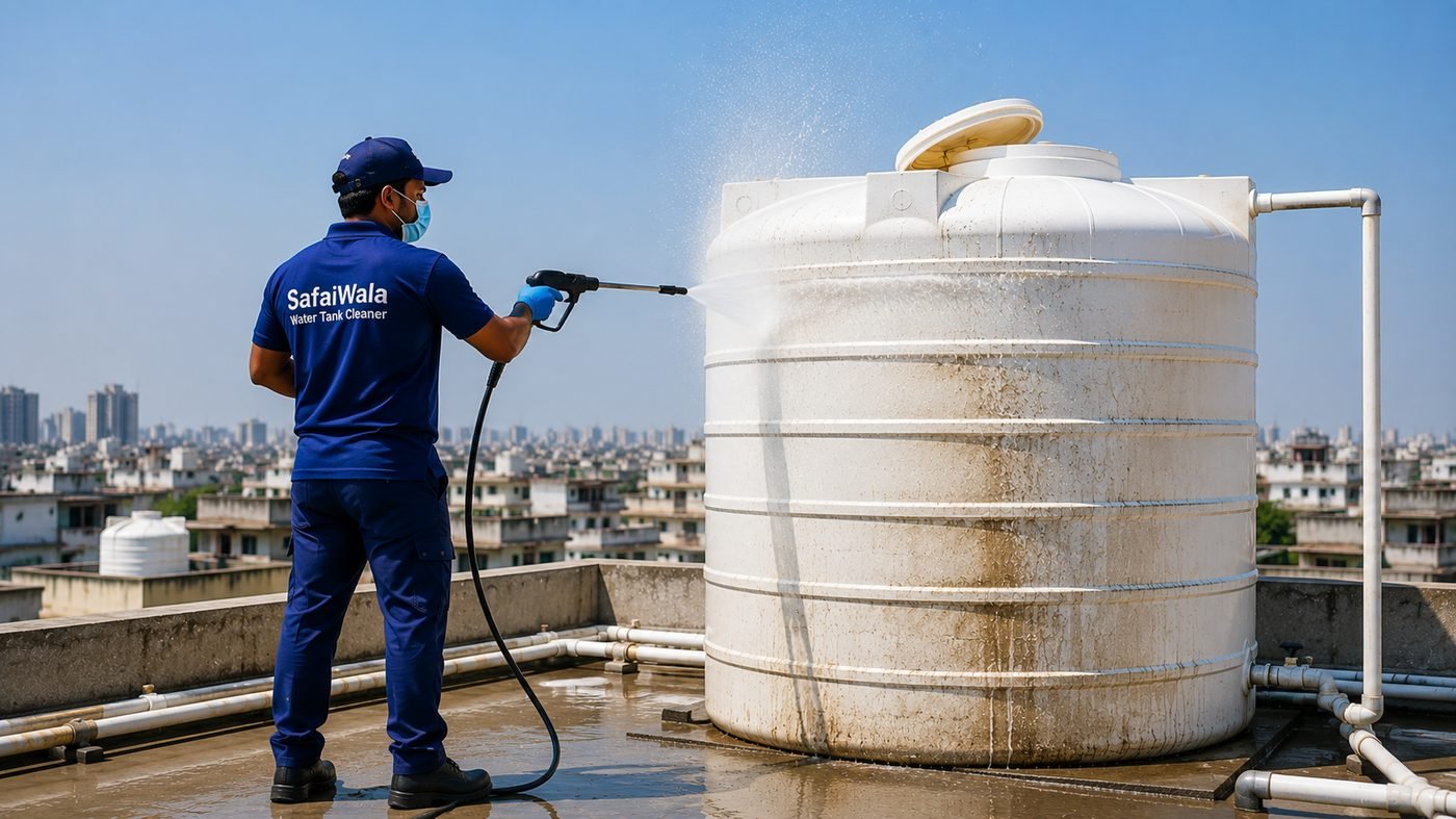 SafaiWala technician pressure-washing a rooftop water tank